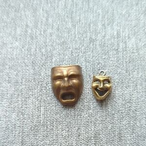 Gold and Bronze Drama Mask Pendant and Pin 3 Items